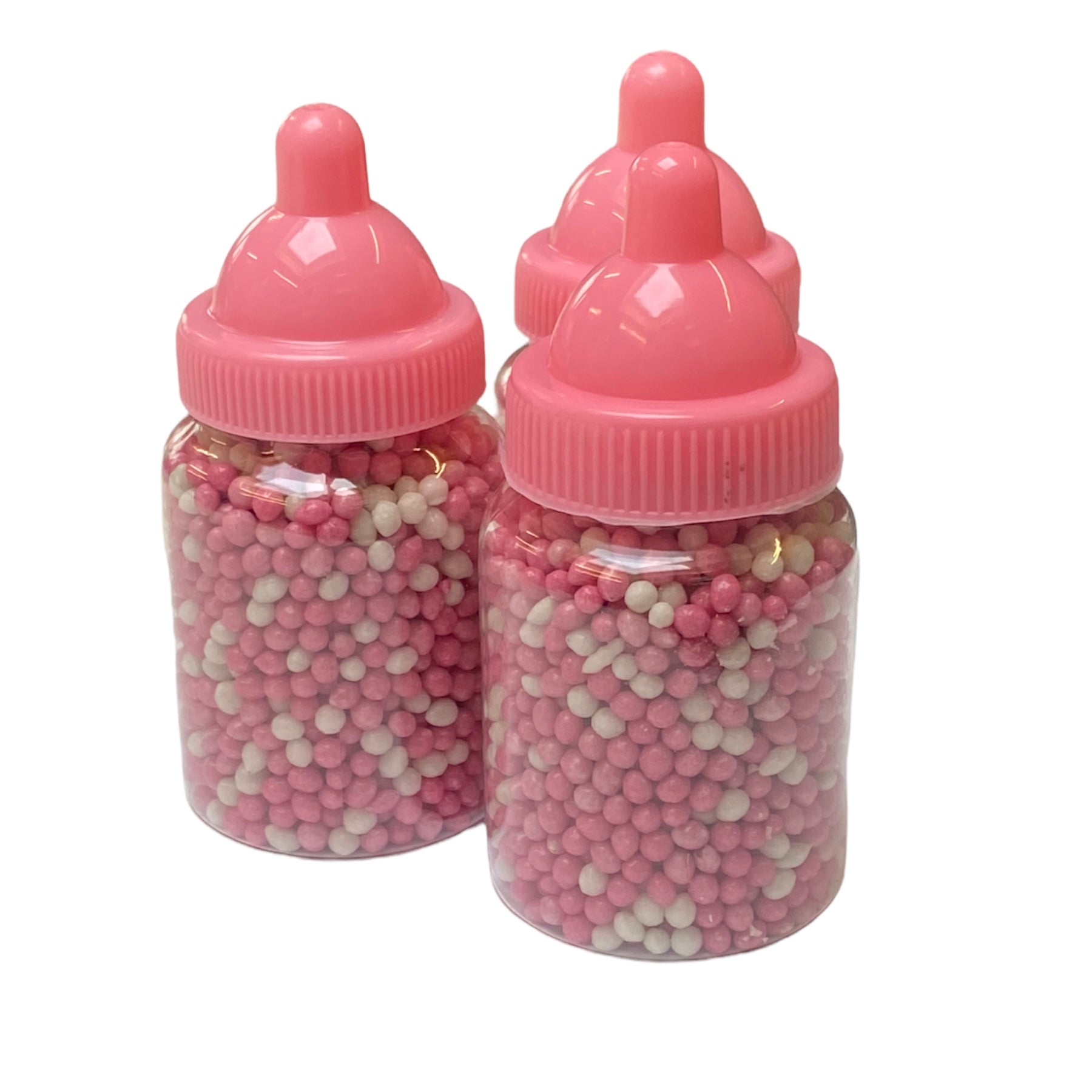 Geboorte flesje met roze muisjes