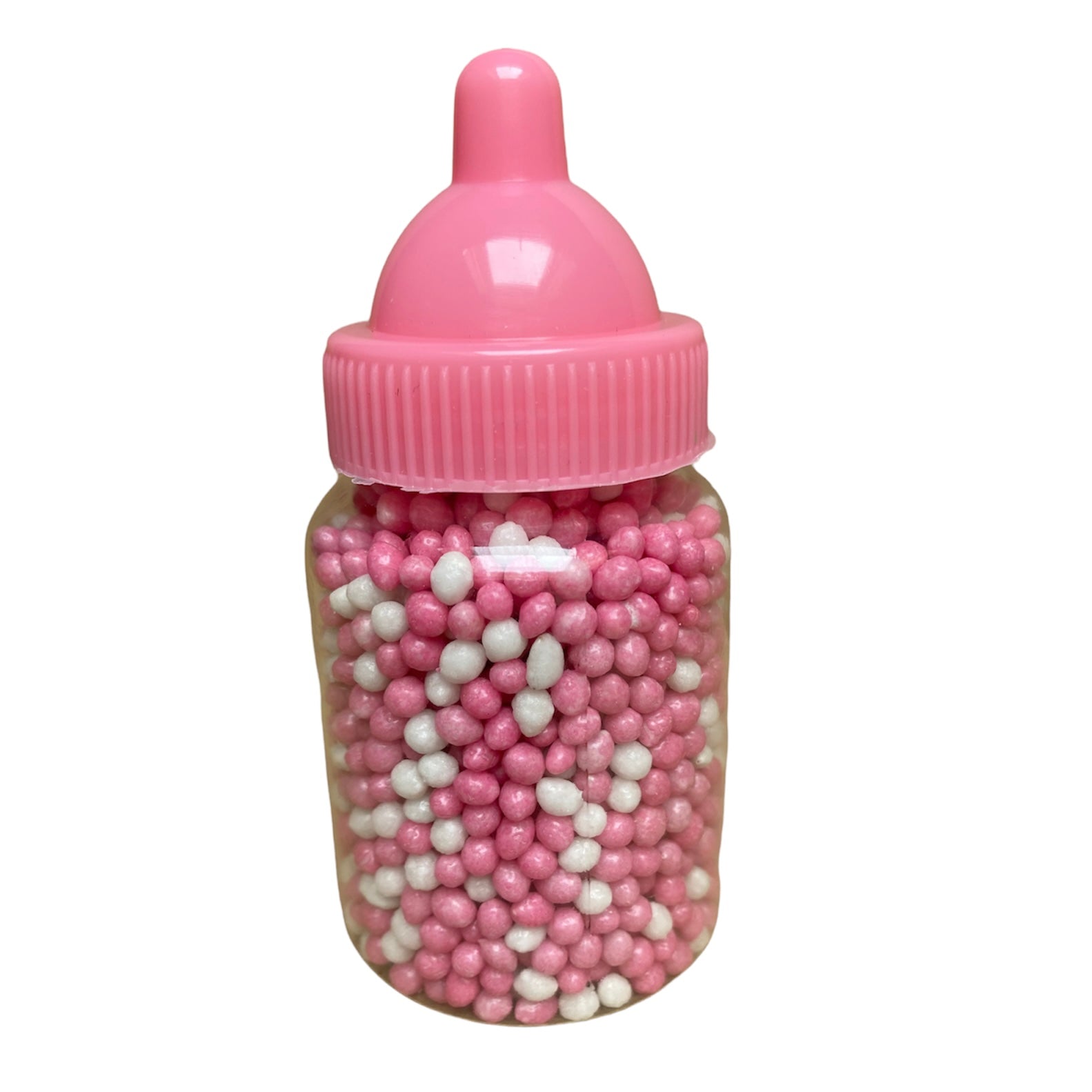 Geboorte flesje met roze muisjes